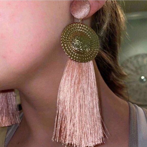 Gold earrings Womens pink oversized long boho tassel Fringe feminine 💖2/$30 - Picture 8 of 12
